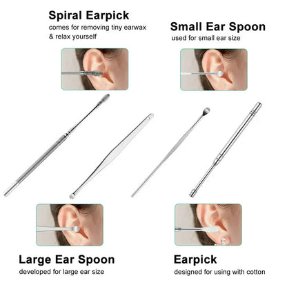 6 PCS Ear Pick Cleaning Set with Storage Bag Spiral Tool Spoon Ear Wax Remover Cleaner - Trend Oye